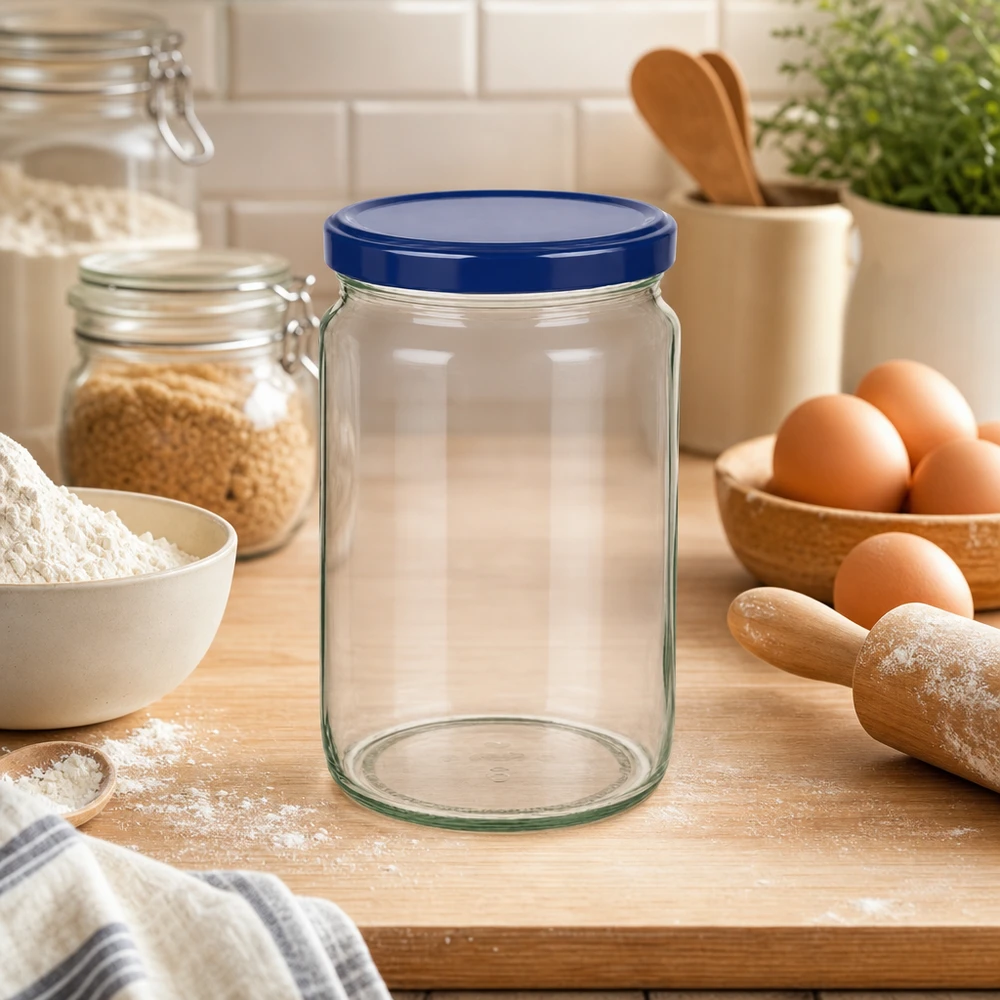 795ml rund burk + BasicSeal-lock blå UNiTWIST 795ml Rundglas mit blauem BasicSeal Deckel auf Küchenarbeitsplatte mit Backzutaten Eiern und Mehl für Vorratshaltung