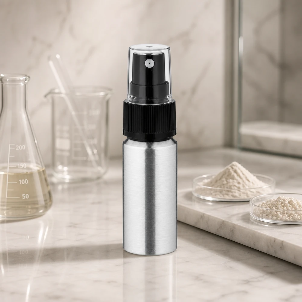 20ml polerad aluminiumflaska med atomiserare Flaska i polerad aluminium 20 ml med svart sprayhuvud för kosmetika och parfym