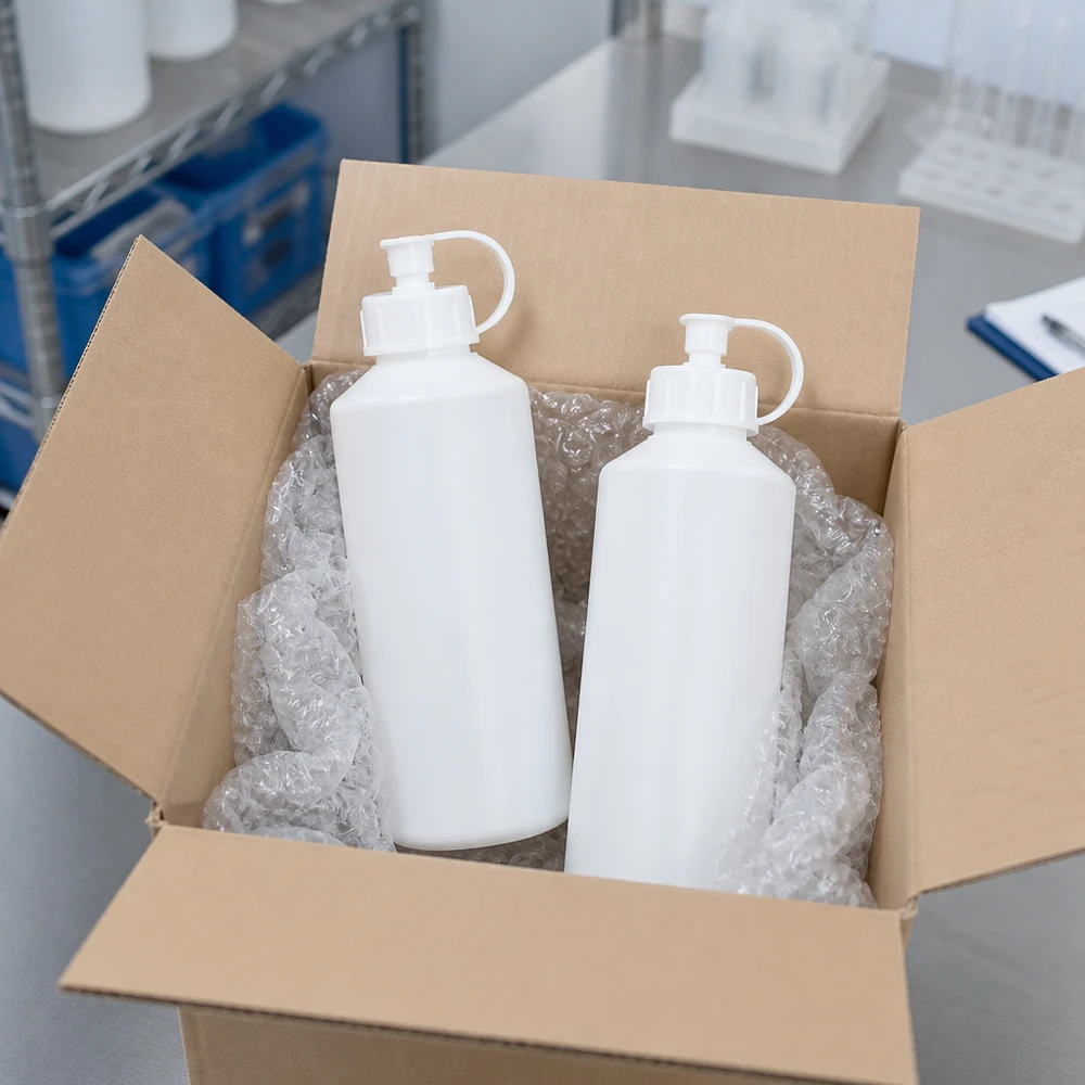 Två vita HDPE-apotekflaskor à 100 ml med pumpförslutning i en fraktkartong med luftbubbelplast