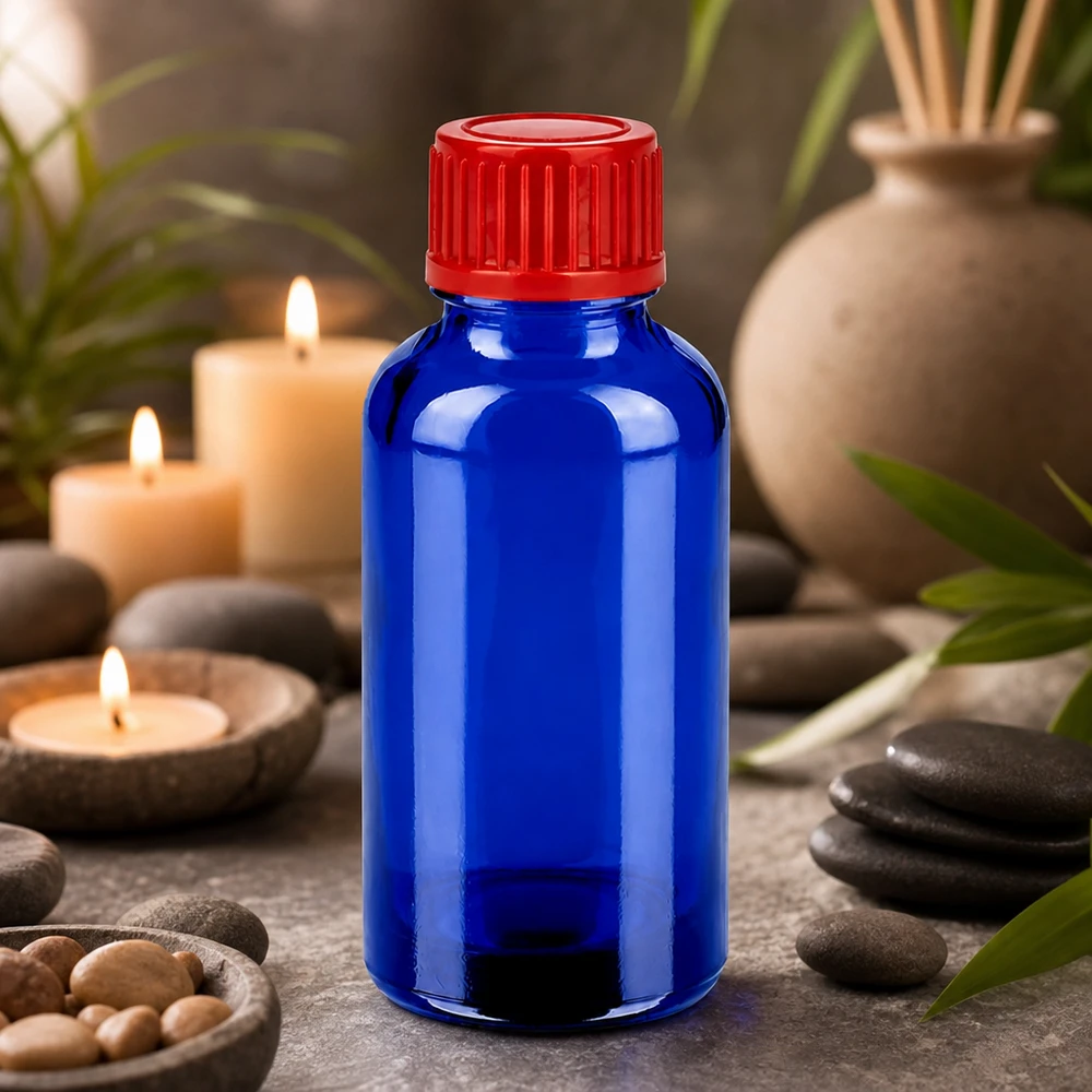 30 ml droppflaska av UV-skyddande blått glas med läckagesäkert rött lock
