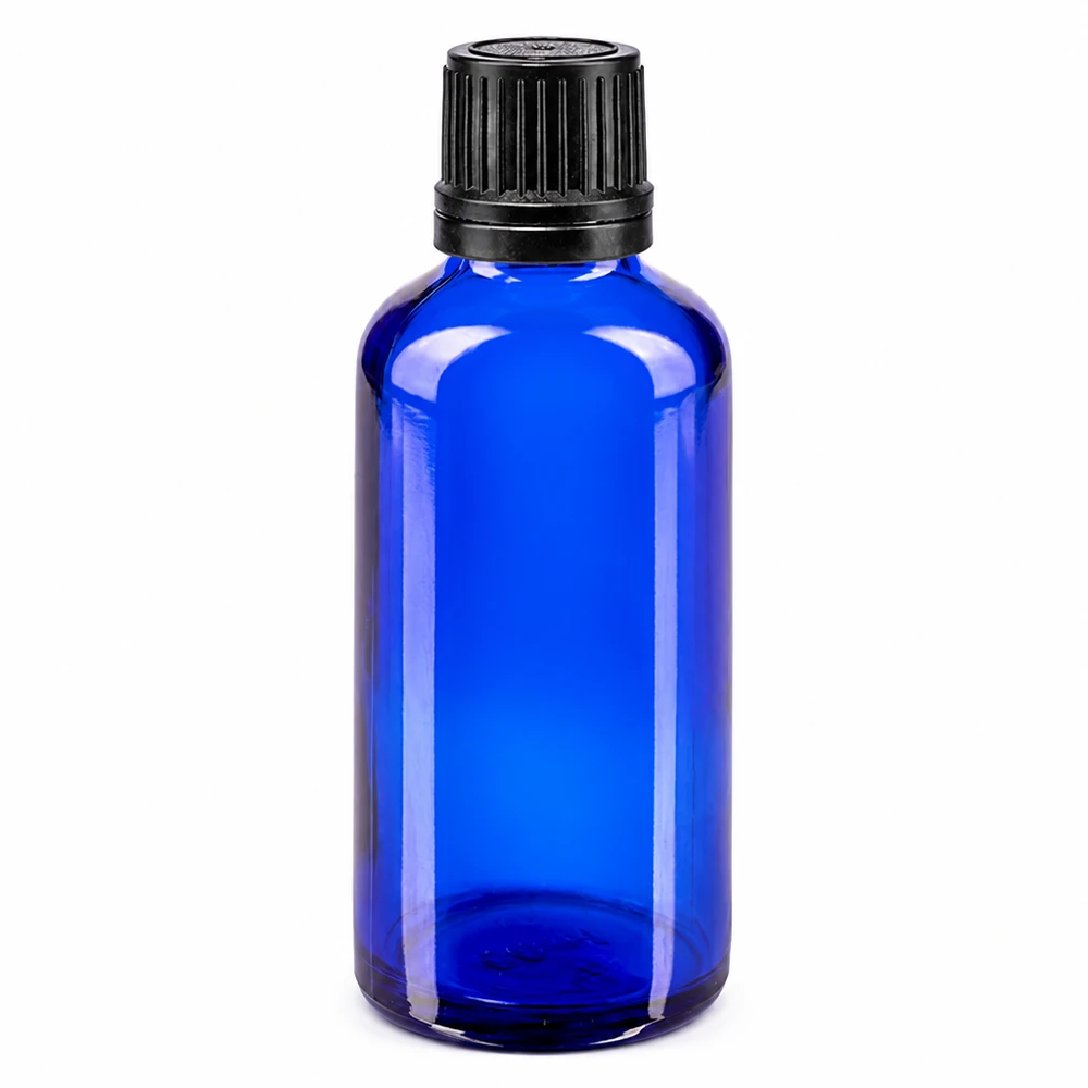 Apoteksflaska blå 50ml dropplock hällring 1mm svart manipulationsskyddad förslutning 50 ml blå glasflaska med svart OV-lock och 1 mm droppinsats av apoteksglas
