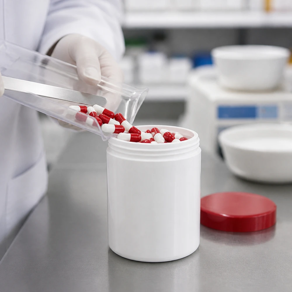 Salvburk 500g vit med rött skruvlock (polypropylen) Pharmakruke 500 g, vit, tillverkad av PP, med rött skruvlock för kapselpåfyllning i laboratoriet