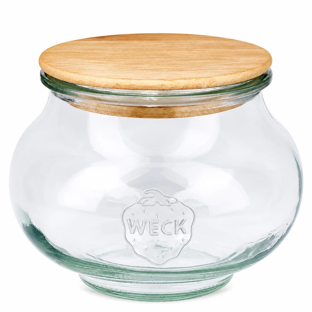 560ml smyckesburk WECK RR80 med trälock WECK smyckesburk 560ml RR80 med runt trälock tillverkad av ek transparent förvaringsburk med Weck-logotyp
