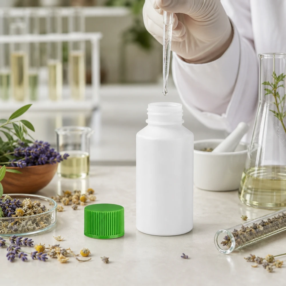 Apoteksflaska HDPE 50ml vit, med grönt skruvlock Vit plastflaska på 50 ml med grönt SV-märke och pipett för örtberedning