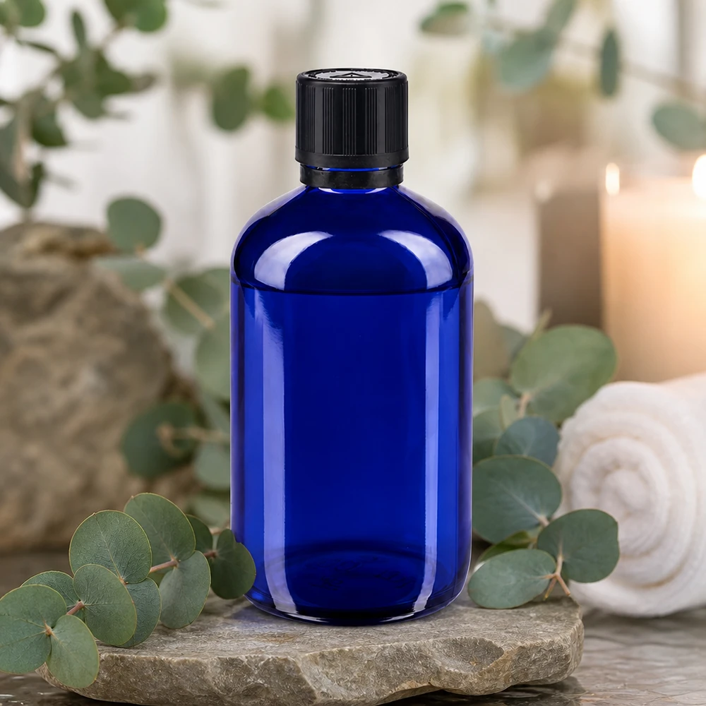 Apoteksflaska blå 100ml dropplock premium 1mm svart barnskyddande manipulationsskyddad förslutning Blått apotekerglas, 100 ml, med originalförslutning på natursten, med eukalyptus och ett ljus