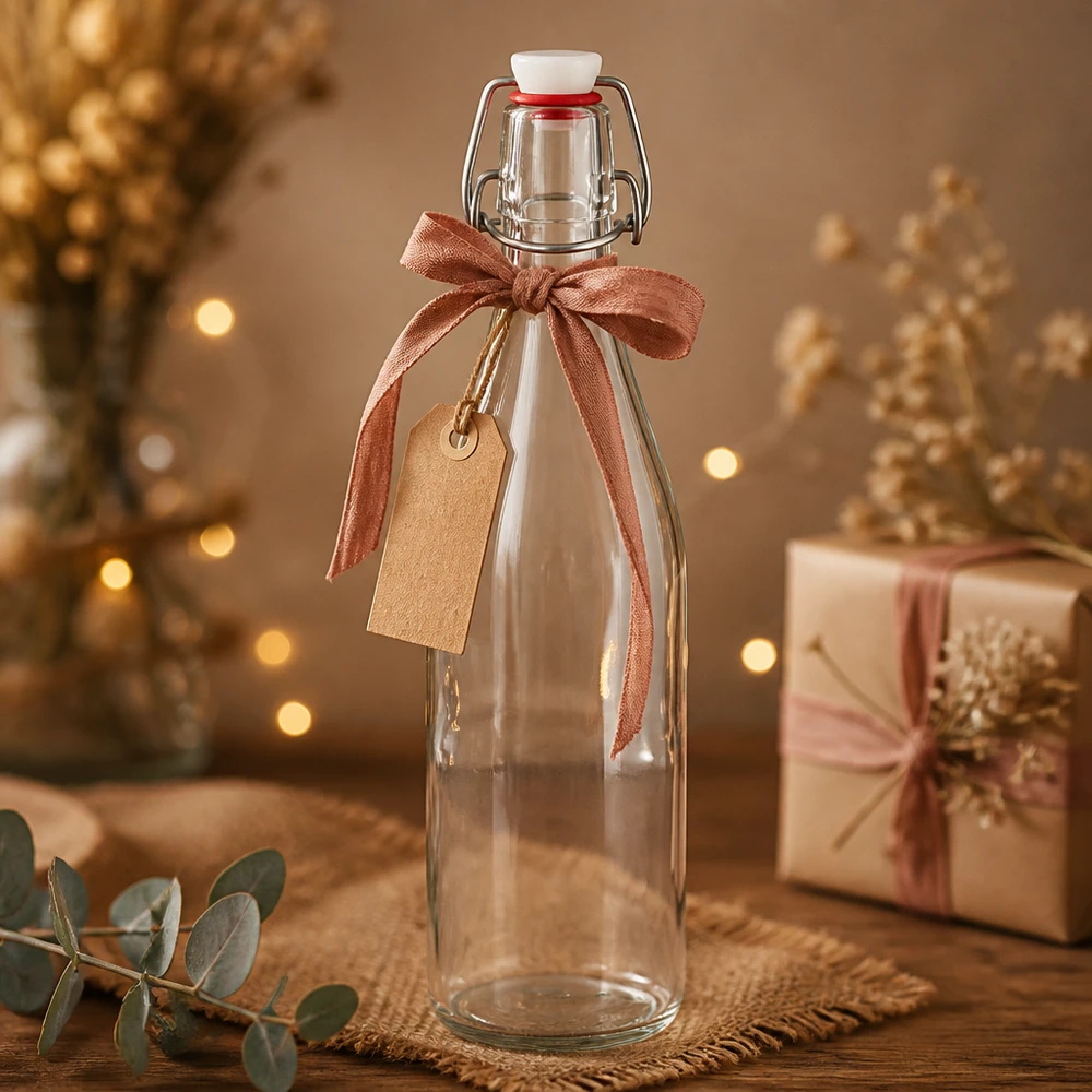 500ml glasflaska + svängbar topp PVC UNiTWIST 500ml glasflaska med svängbar topp Juldekoration presentförpackning rosett tagg gyllene ljus