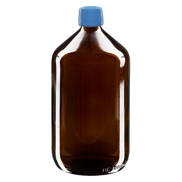 1000 ml medicinflaska brun, blått lock med manipuleringssäker ring ApoGlas 1000 ml medicinflaska brun, blått lock med manipuleringssäker ring ApoGlas