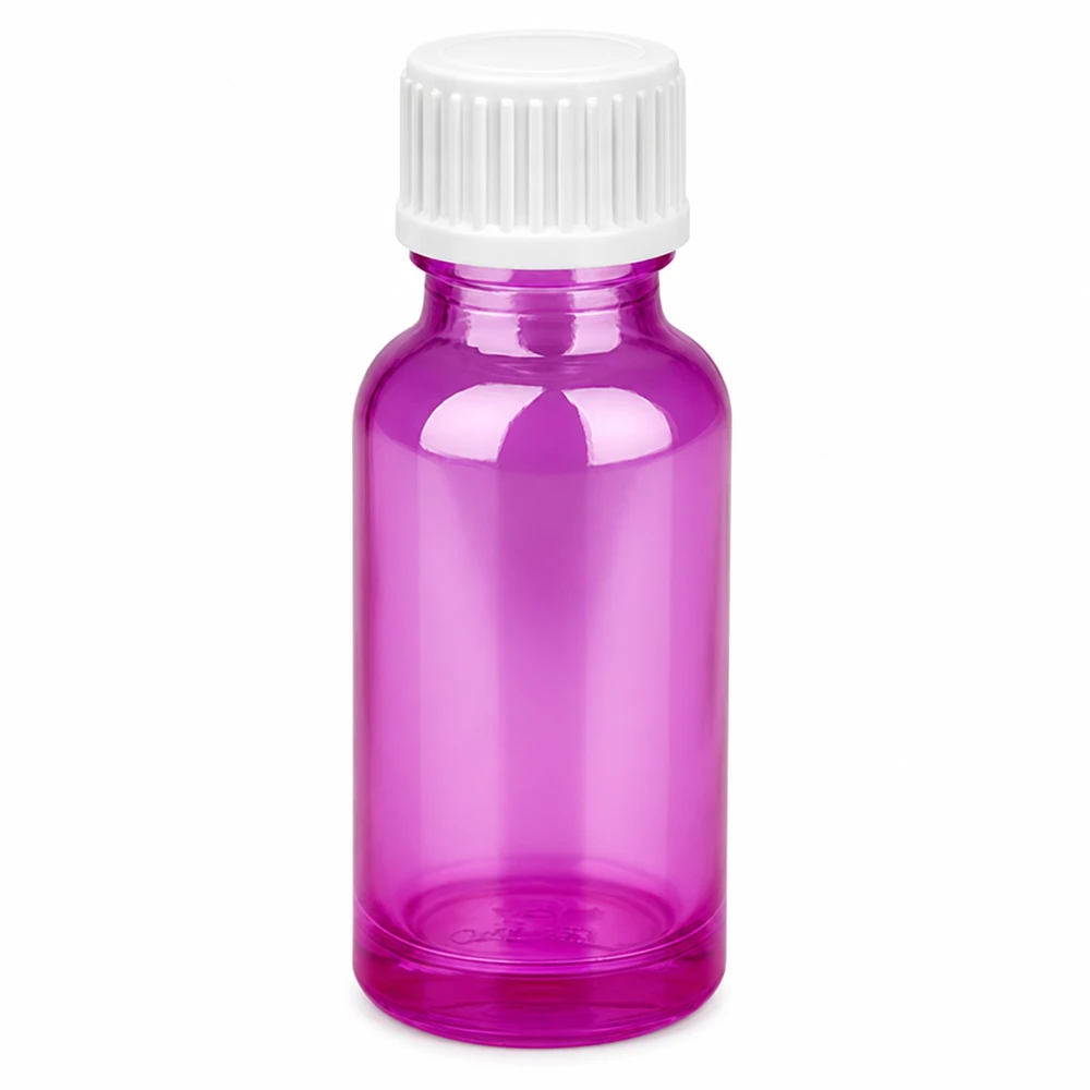 20 ml glasflaska i ljus violett med vit skruvkork för eteriska oljor