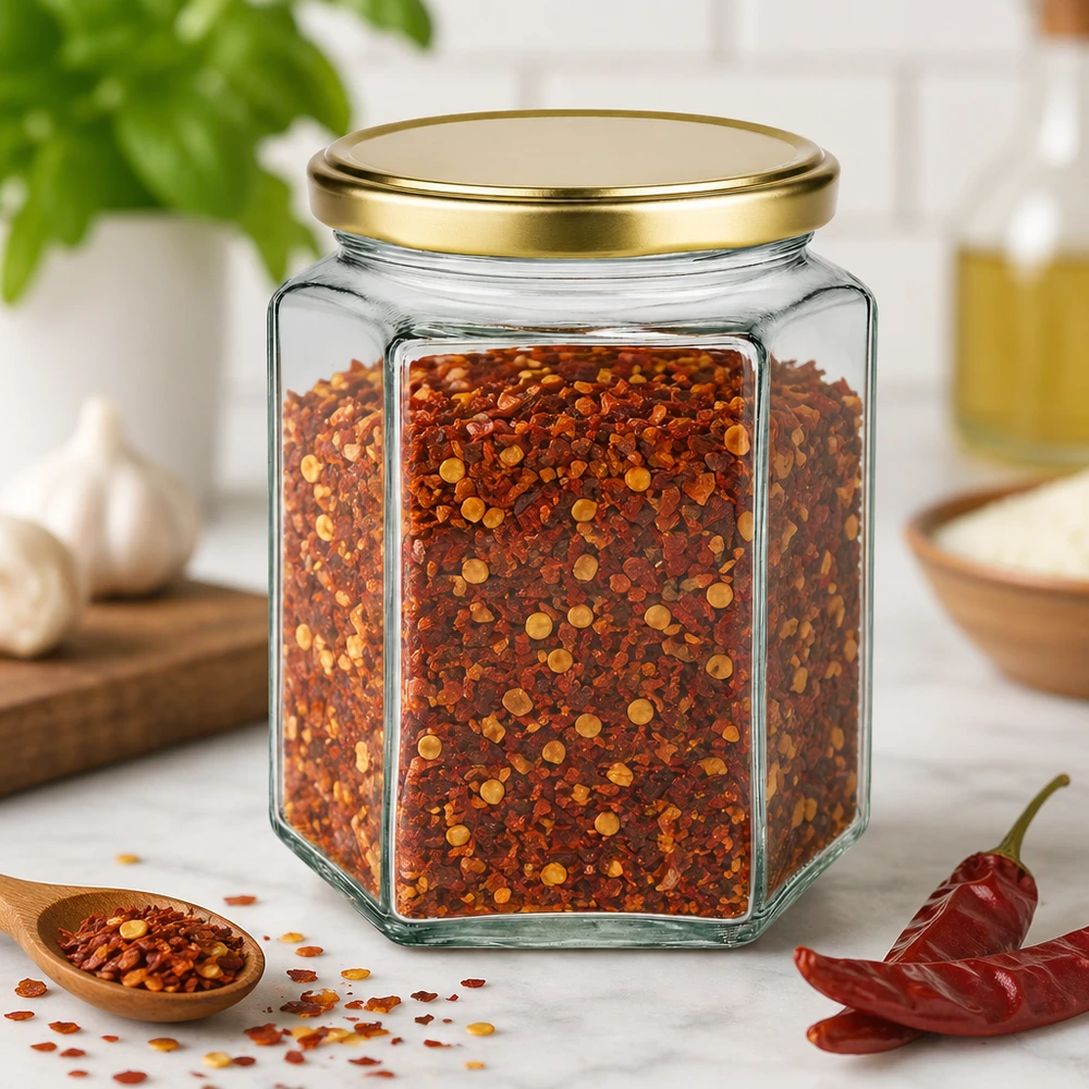 500 g honungsburk med gyllene lock BasicSeal UNiTWIST Hexagonal 500g BasicSeal honungsburk med gyllene lock fylld med chiliflakes Kryddor Kök