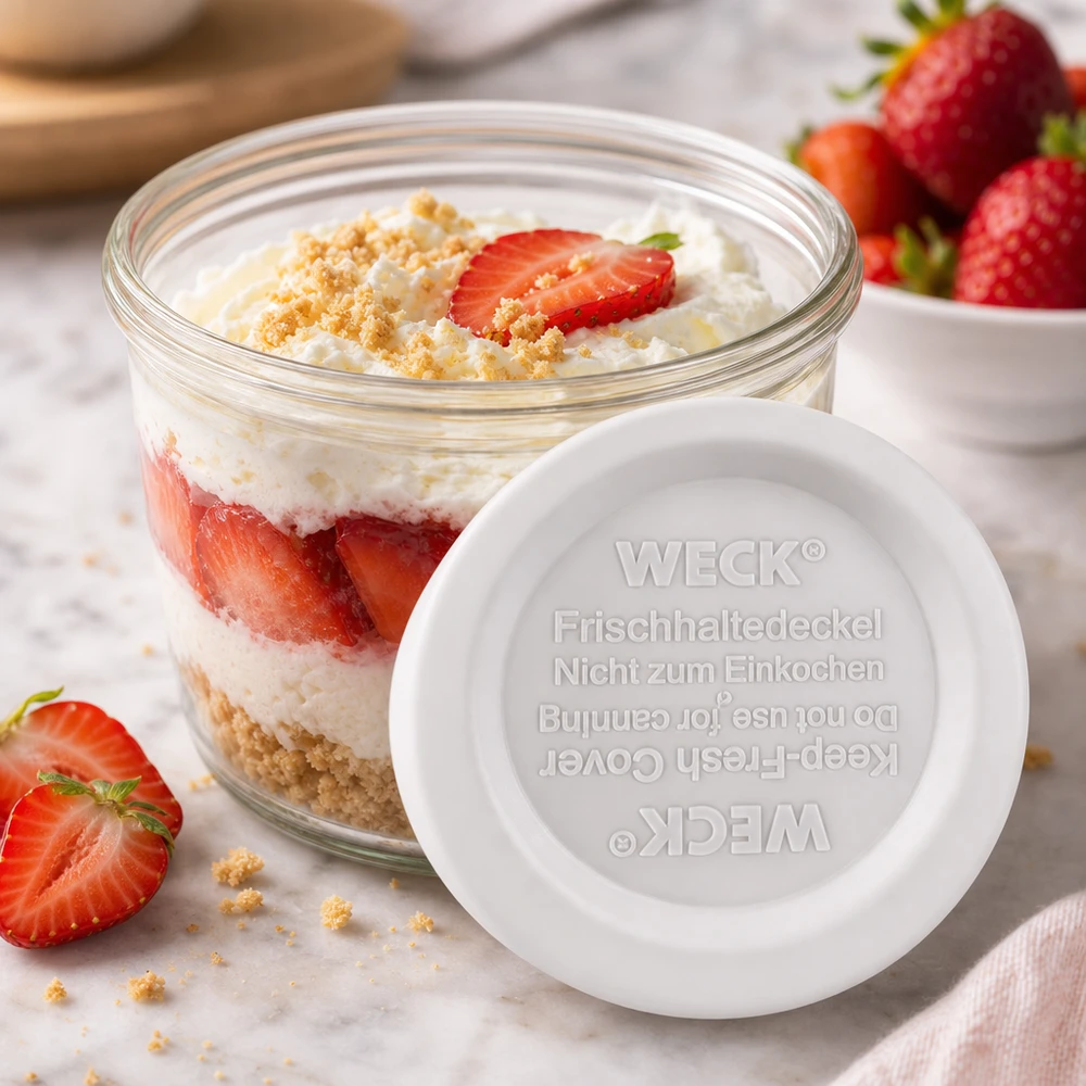 WECK RR40 lock med jordgubbsdessert i burk - perfekt för söta desserter och desserter i flera lager
