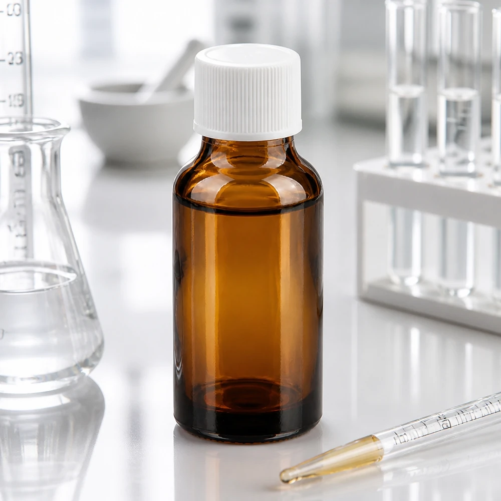 Kompakt 20 ml laboratorieflaska tillverkad av bärnstensfärgat glas med exakt 11 mm skruvgänga för exakt dosering