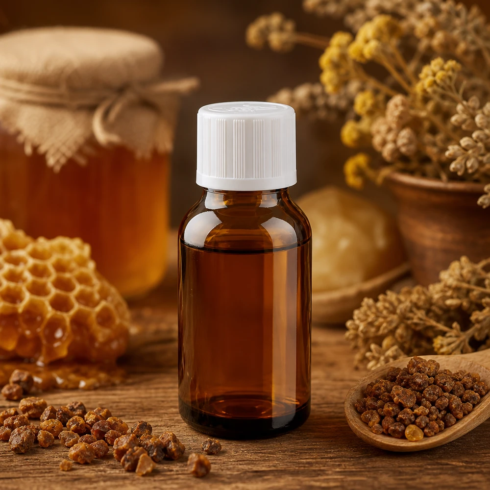 Apoteksflaska brun 15ml med skruvkork vit Barnsäker standard Propolis-extrakt i en brun 15 ml apoteksflaska med barnsäker vit skruvkork