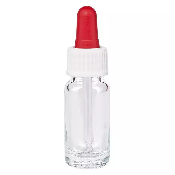 Apoteksflaska klar 10ml pipett vit/röd standard Apoteksflaska klar 10ml pipett vit/röd standard