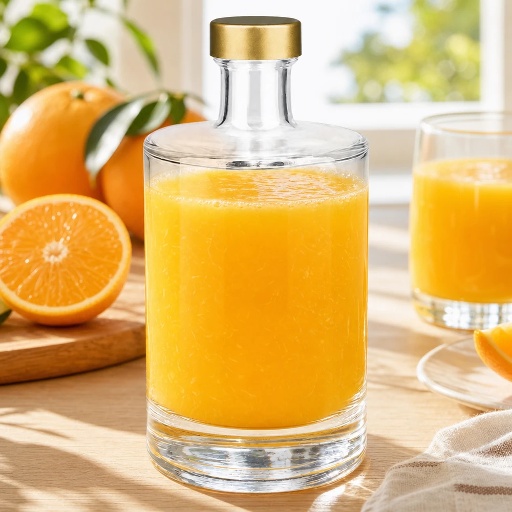 500 ml glasflaska Sam + skruvkork guld UNiTWIST® 500ml Glasflasche Sam mit Orangensaft befüllt goldener UNiTWIST Verschluss frische Orangen Frühstücks Szene natürliches