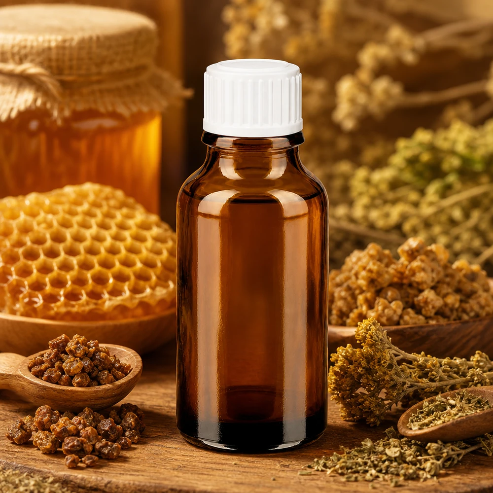 Brun 20 ml apoteksflaska med vitt lock, med motiv av honung i bikupor och medicinalväxter