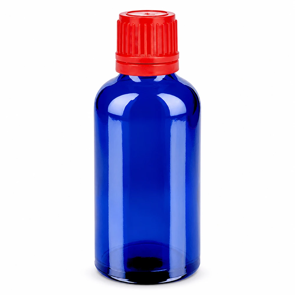 50ml flaska 11mm skruvkork röd säkerhetsförslutning BlueLine UT18/50 50ml glasflaska blå med röd kapsyl 11mm SV OV BlueLine UT18/50
