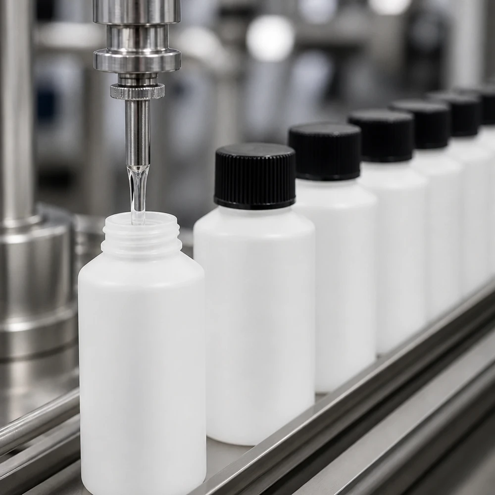 Apoteksflaska HDPE 50ml vit, med svart skruvlock Automatisk fyllning av vita HDPE-apotekflaskor à 50 ml med svart skruvlock