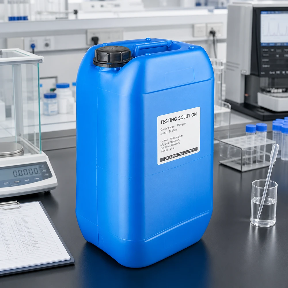 Blå 15-liters laboratoriekanister med skruvlock (OV) på en svart arbetsyta bredvid analysvågen