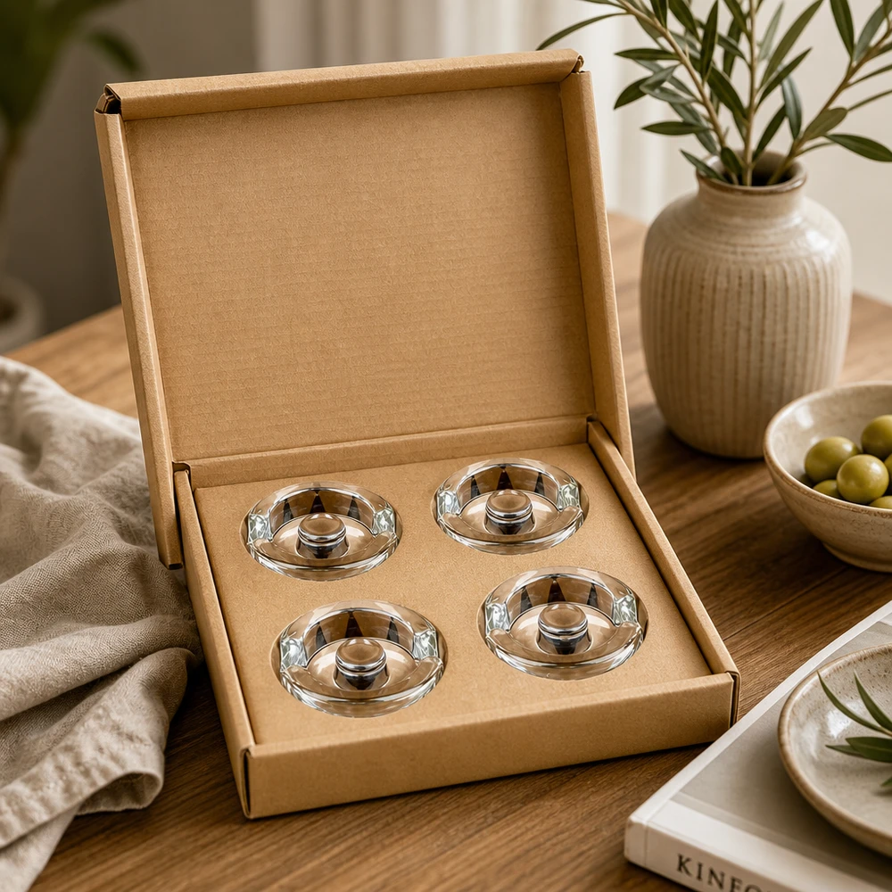 Glasvikter för jäsning med handtag, 4-pack UNiTWIST UNiTWIST Fermentier-Glasgewichte 4er Set in stilvoller Kartonbox auf Holztisch neben Olivenschale und Keramikvase