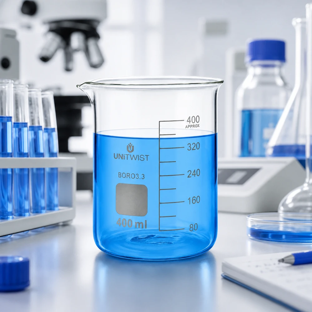 Bägare 400ml borosilikat, lågformad UNiTWIST UNiTWIST-laboratoriebägare i glas, 400 ml, låg form, med blå vätska på ett vitt laboratoriebord