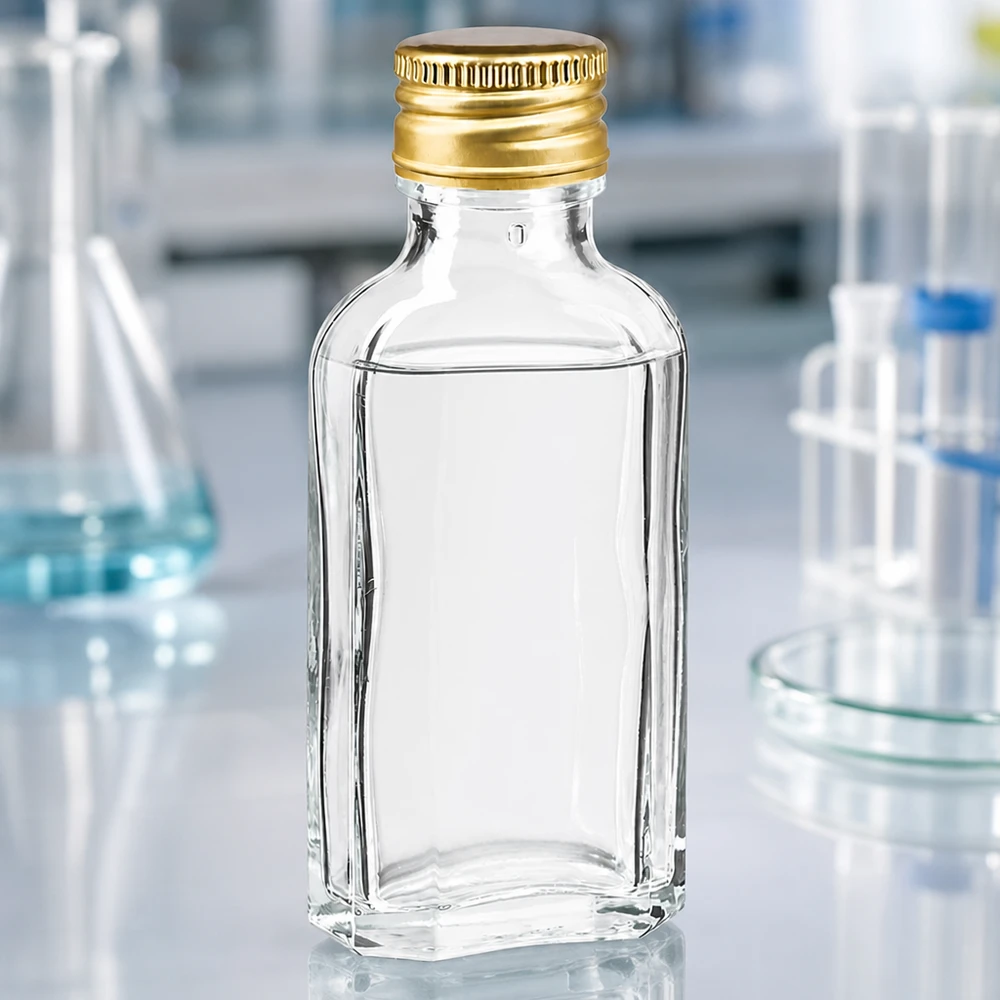 Miniatyrflaska av klart glas, 50 ml, med guldfärgat skruvlock av aluminium (PP22) för laboratoriemiljö
