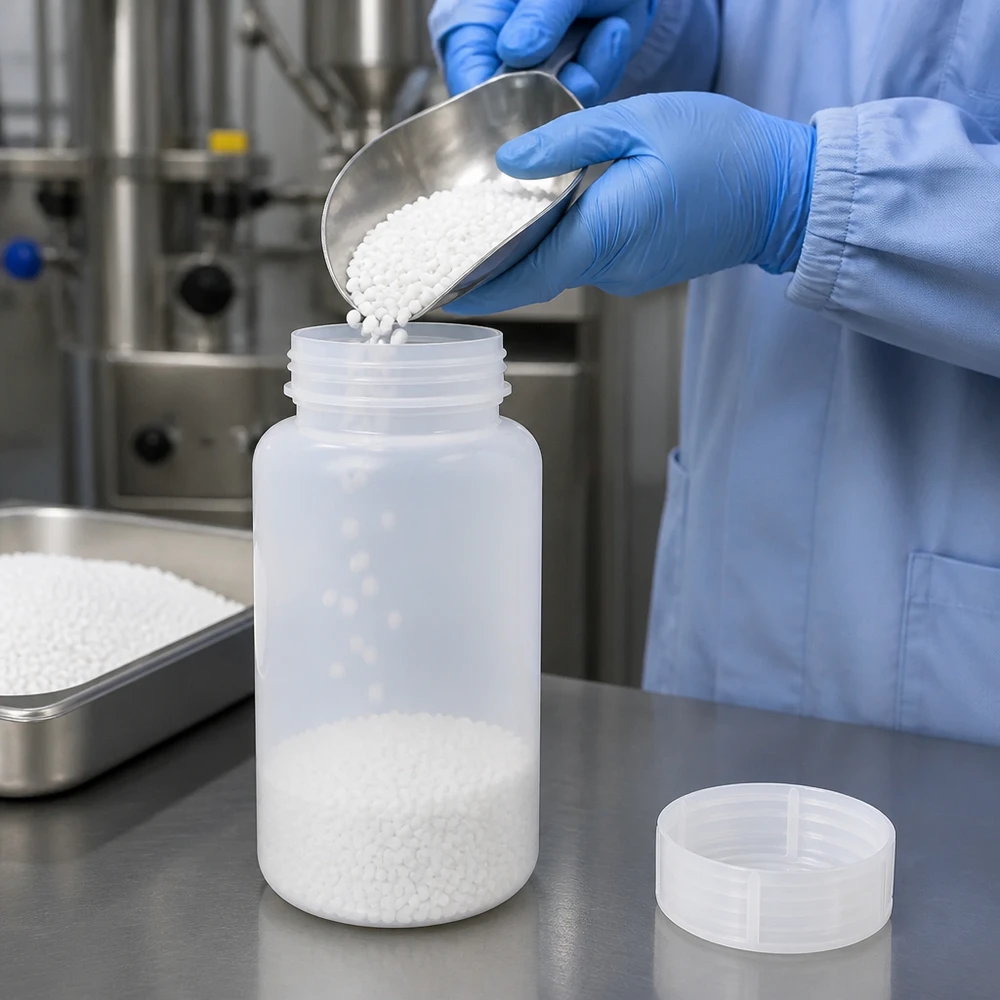 Laboratorieassistenten fyller en 1000 ml HDPE-laboratorieflaska med vid hals med vita pellets med hjälp av en metallskopa