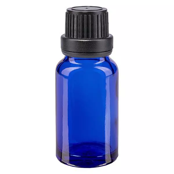 Apoteksflaska blå 10ml skruvkork svart säkerhetsförslutning Apoteksflaska blå 10ml skruvkork svart säkerhetsförslutning
