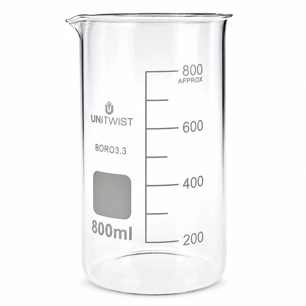 800 ml högt bägarglas av borosilikatglas med milliliterskala från UNITWIST