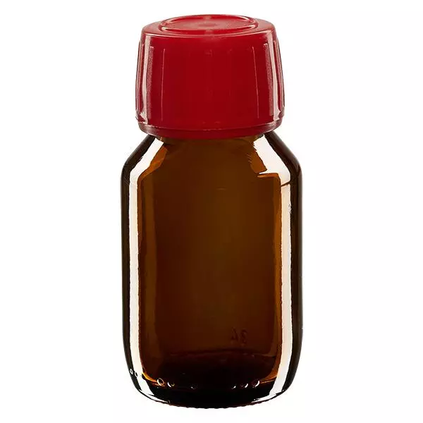 50 ml medicinflaska brun, rött lock med säkerhetsring ApoGlas 50 ml medicinflaska brun, rött lock med säkerhetsring ApoGlas