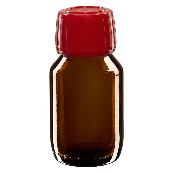 50 ml medicinflaska brun, rött lock med säkerhetsring ApoGlas 50 ml medicinflaska brun, rött lock med säkerhetsring ApoGlas