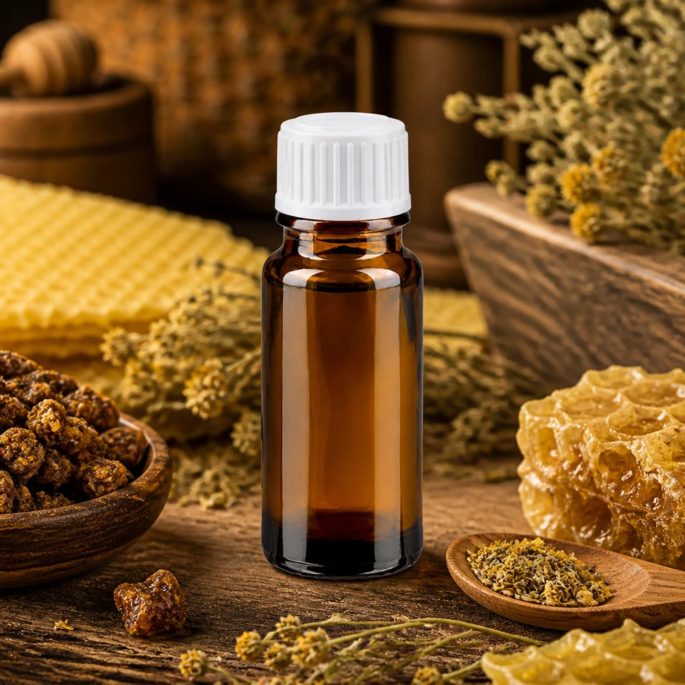 Apoteksflaska brun 10ml skruvkork vit standard Brun 10 ml apoteksflaska med vitt lock, omgiven av bikupor och propolis