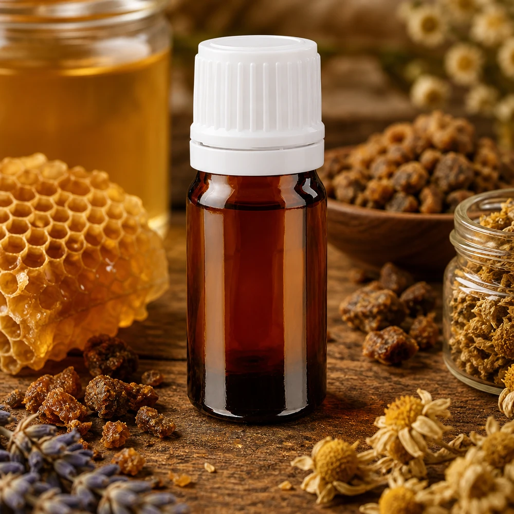 Apoteksflaska brun 5ml skruvkork vit med manipulationsskydd Extrakt av läkemedelsväxter, flaska på 5 ml i bärnstensfärgat glas med vitt skruvlock, omgiven av propolis och honung