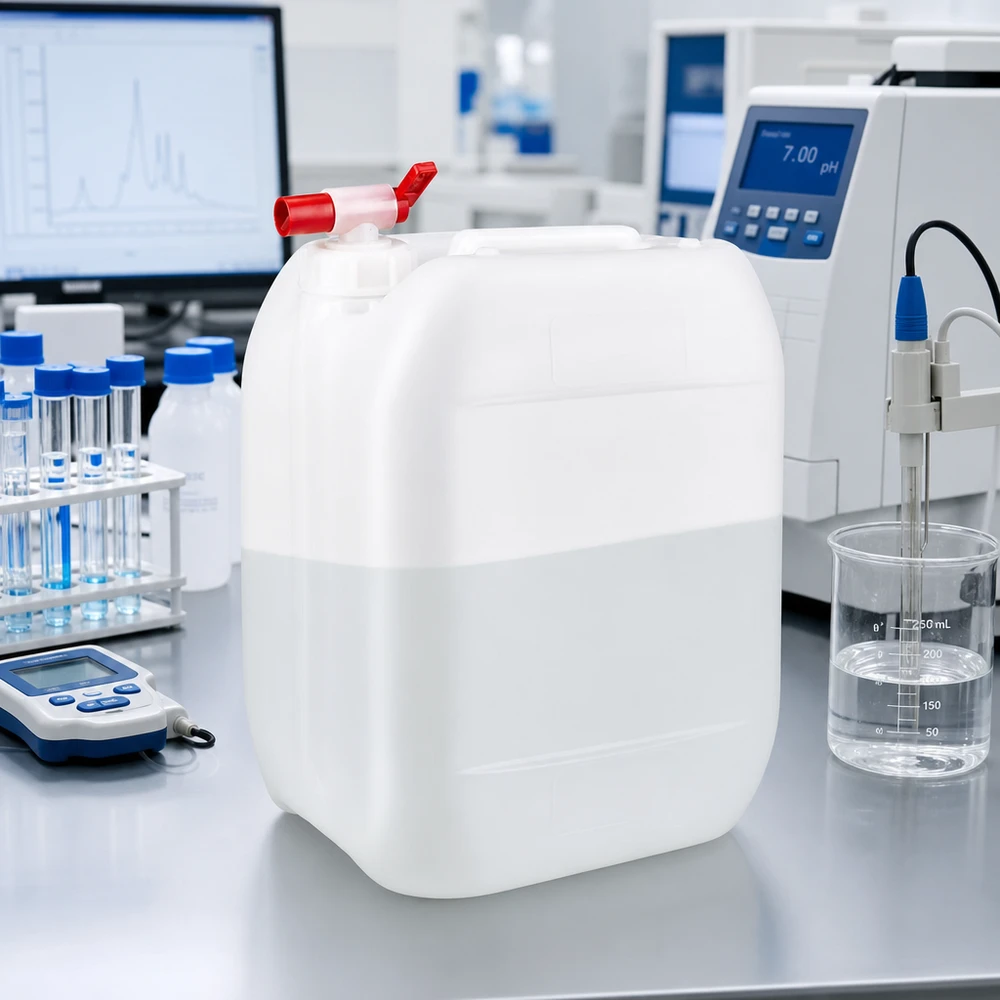 Dunk 10 liter med avtappningskran Vit laboratoriekanister på 10 liter med röd utloppskran bredvid en pH-mätare och ett bägarglas