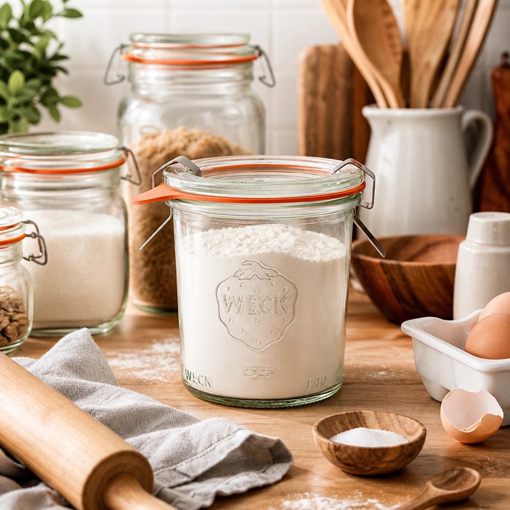 WECK 140 ml RR60-glas fyllda med mjöl i köket med bakingredienser ägg kavel och träredskap för bakning