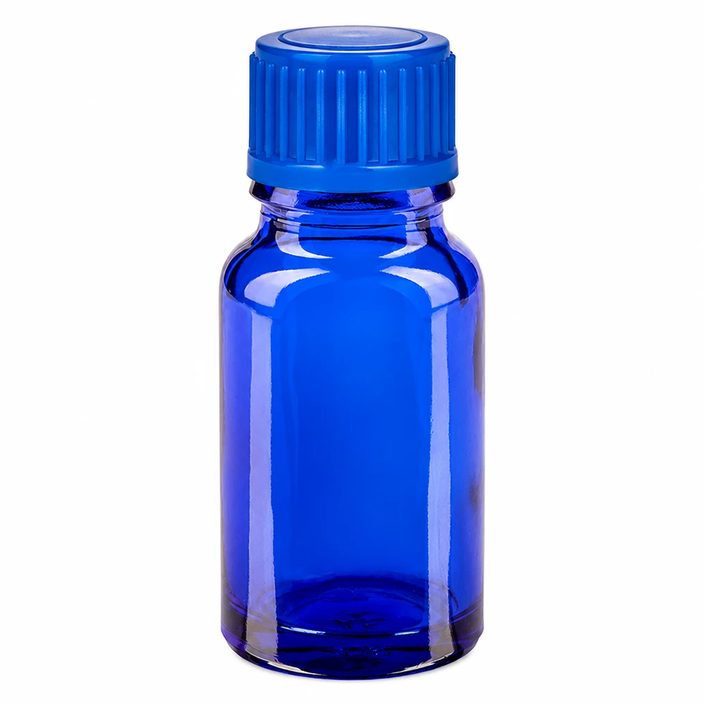 10 ml blå glasflaska med skruvlock för eteriska oljor och kosmetika