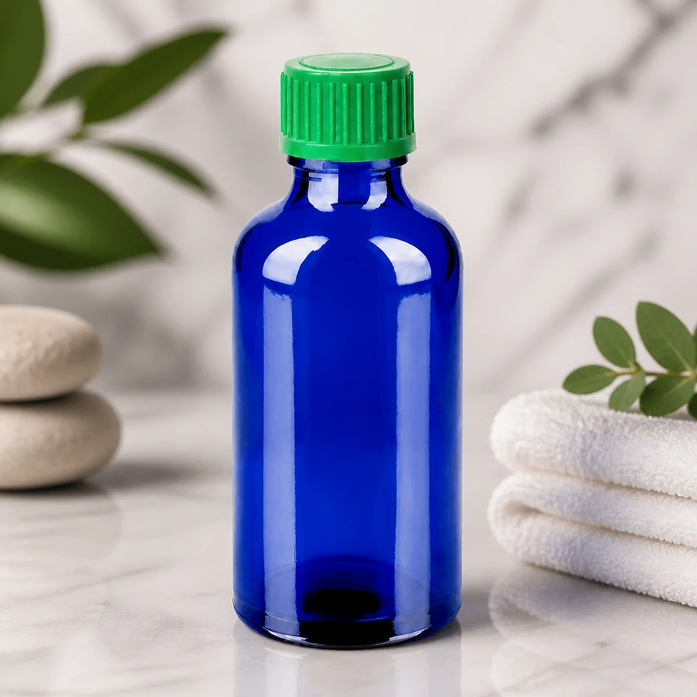 50 ml Droppflaska 0,8 mm grön Standardförslutning BlueLine UT18/50 Högkvalitativ 50 ml glasflaska med 0,8 mm droppinsats för professionella applikationer