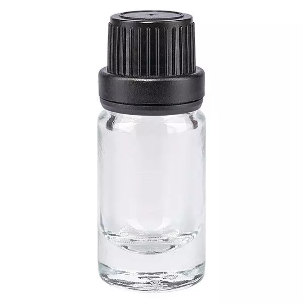 Apoteksflaska klar 5ml droppflaska med hällring 2mm svart manipuleringssäkert lock Apoteksflaska klar 5ml droppflaska med hällring 2mm svart manipuleringssäkert lock