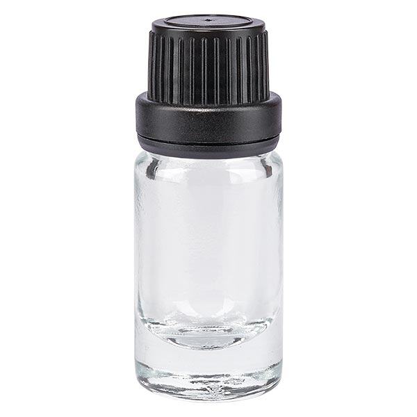 Apoteksflaska klar 5ml droppflaska med hällring 2mm svart manipuleringssäkert lock Apoteksflaska klar 5ml droppflaska med hällring 2mm svart manipuleringssäkert lock