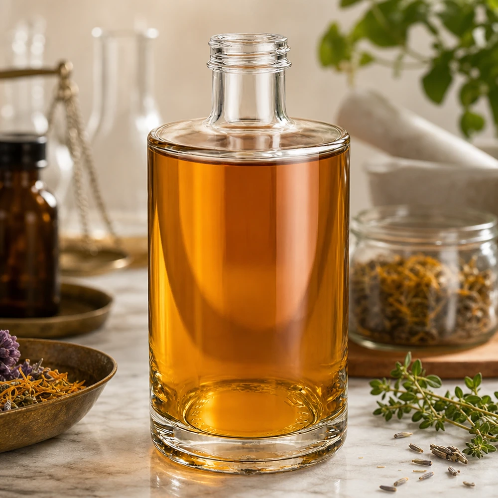 375 ml glasflaska Sam med bärnstensfärgad vätska som arrangerats i en naturlig miljö med örter och kryddor