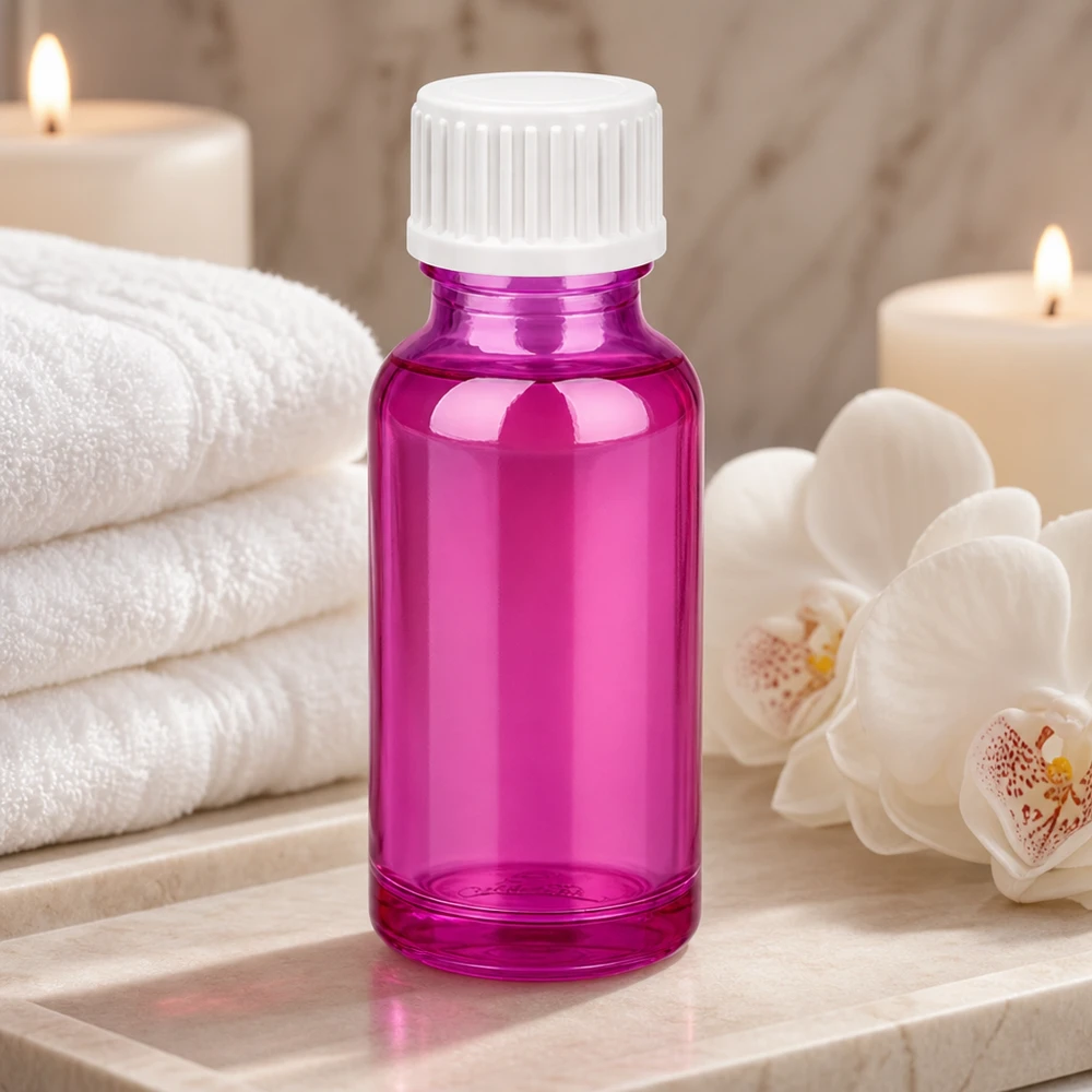 20 ml glasflaska i glänsande magenta med lättanvänd skruvkork för wellness