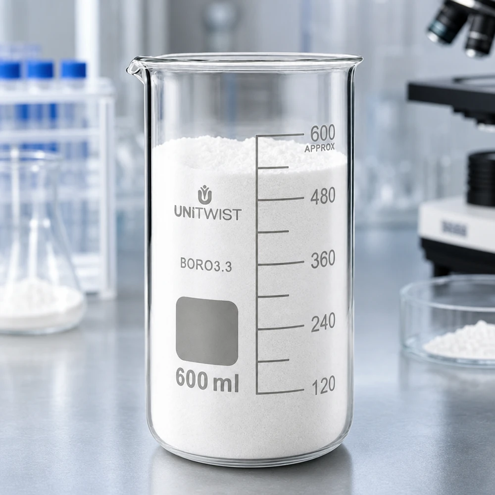 UNITWIST-bägare, 600 ml, hög modell, fylld med vitt pulver på en laboratoriebänkskiva