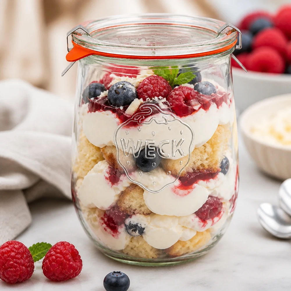 1062ml tulpanburk komplett WECK RR100 WECK tulpanburk 1062ml RR100 som dessertburk för trifle med bär, grädde och tårtbotten i en skiktad dessert