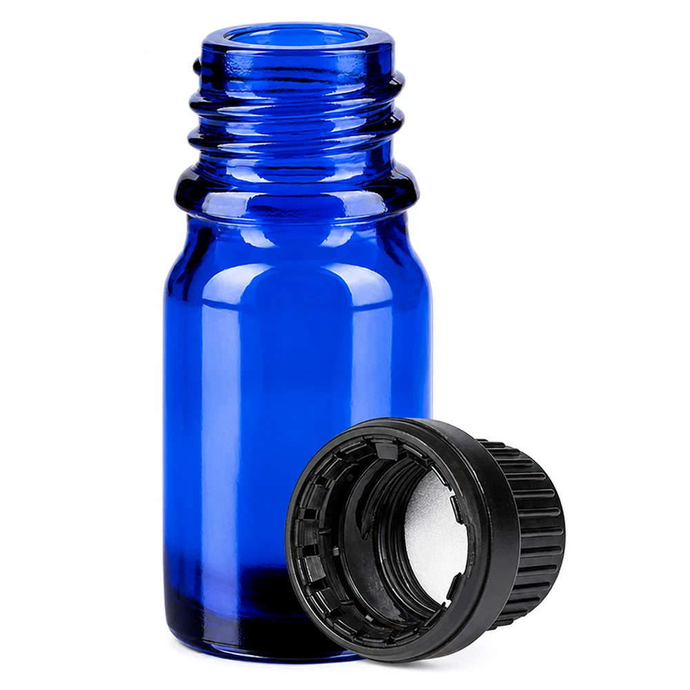 5 ml flaska 11mm skruvkork svart säkerhetslock BlueLine UT18/5 Liten 5ml glasflaska i blått med tråd och svart lock för eteriska oljor