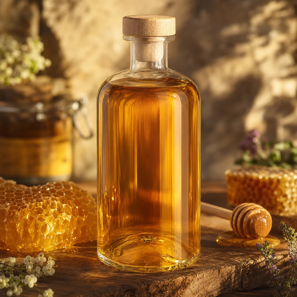 500 ml Apoteksflaska Flora med kork med trähandtag UNiTWIST® Flora 500 ml glasflaska fylld med honung bredvid honungskaka och honungsmugge på en rustik träbräda i varmt ljus
