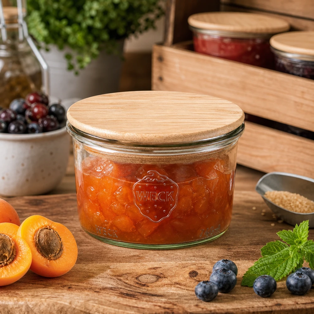 200ml Krossade glasögon WECK RR80 med trälock WECK Einmachglas 200ml mit Holzdeckel gefüllt mit Aprikosenmarmelade auf Holztisch neben frischen Früchten