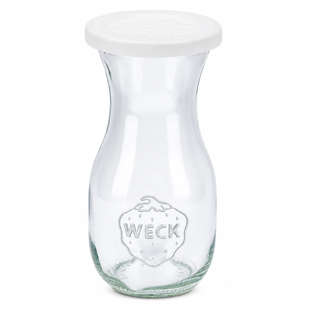 290 ml juiceflaska med friskhetslock WECK RR60 WECK juiceflaska 290 ml med vitt lock RR60 av klarglas med präglad logotyp