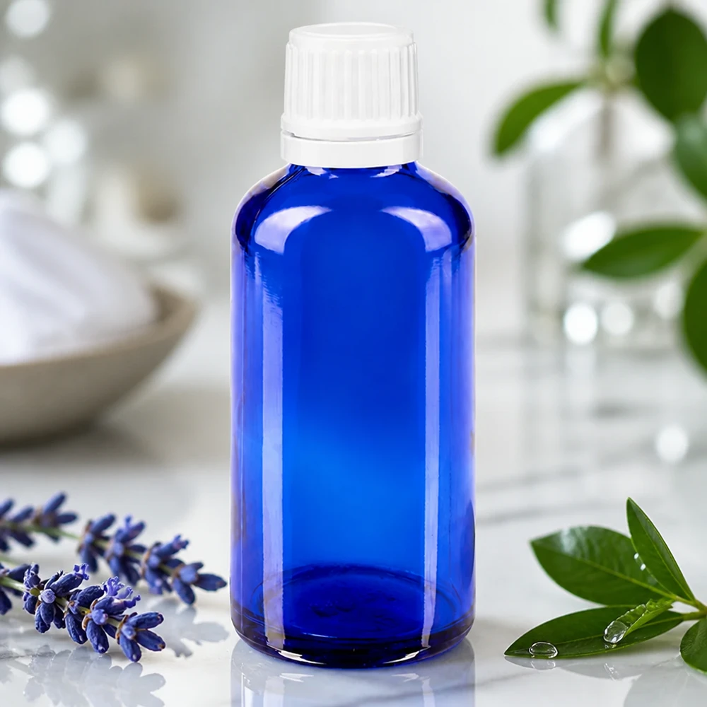 Apoteksflaska blå 50ml skruvkork vit manipulationsskyddad förslutning Blå glasflaska på 50 ml med barnsäker vit kork bredvid färska lavendelkvistar