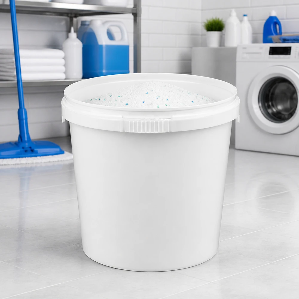 1-liters hink av vit polypropylenplast utan lock Vit PP-hink på 1 liter utan lock, fylld med tvättmedelsgranulat i tvättstugan