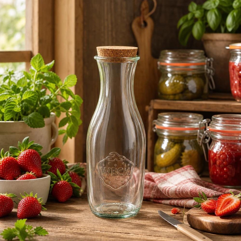 1062ml juiceflaska WECK RR60 med kork naturell WECK glasflaska 1062ml i rustikt kök dekorativt arrangerad med färska jordgubbar och konserveringsburkar