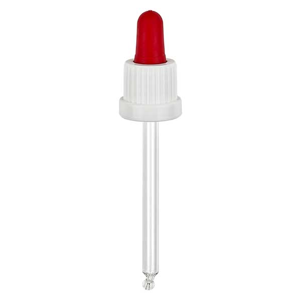 Dropp-pipett av glas vit/röd 18mm PL85 med säkerhetsförslutning Dropp-pipett av glas vit/röd 18mm PL85 med säkerhetsförslutning